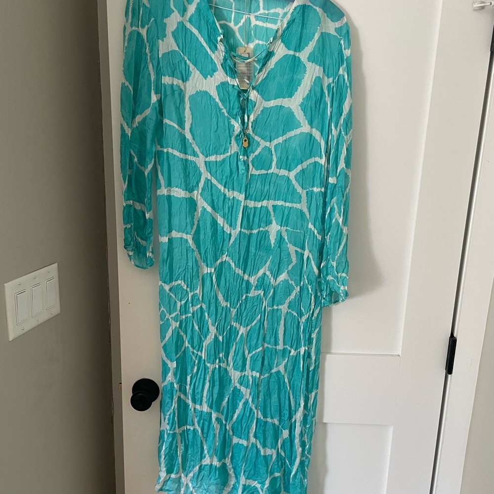 Roberto Cavalli size 46 aqua giraffe Print Women's Swim Cover-Up/kaftan/tunic